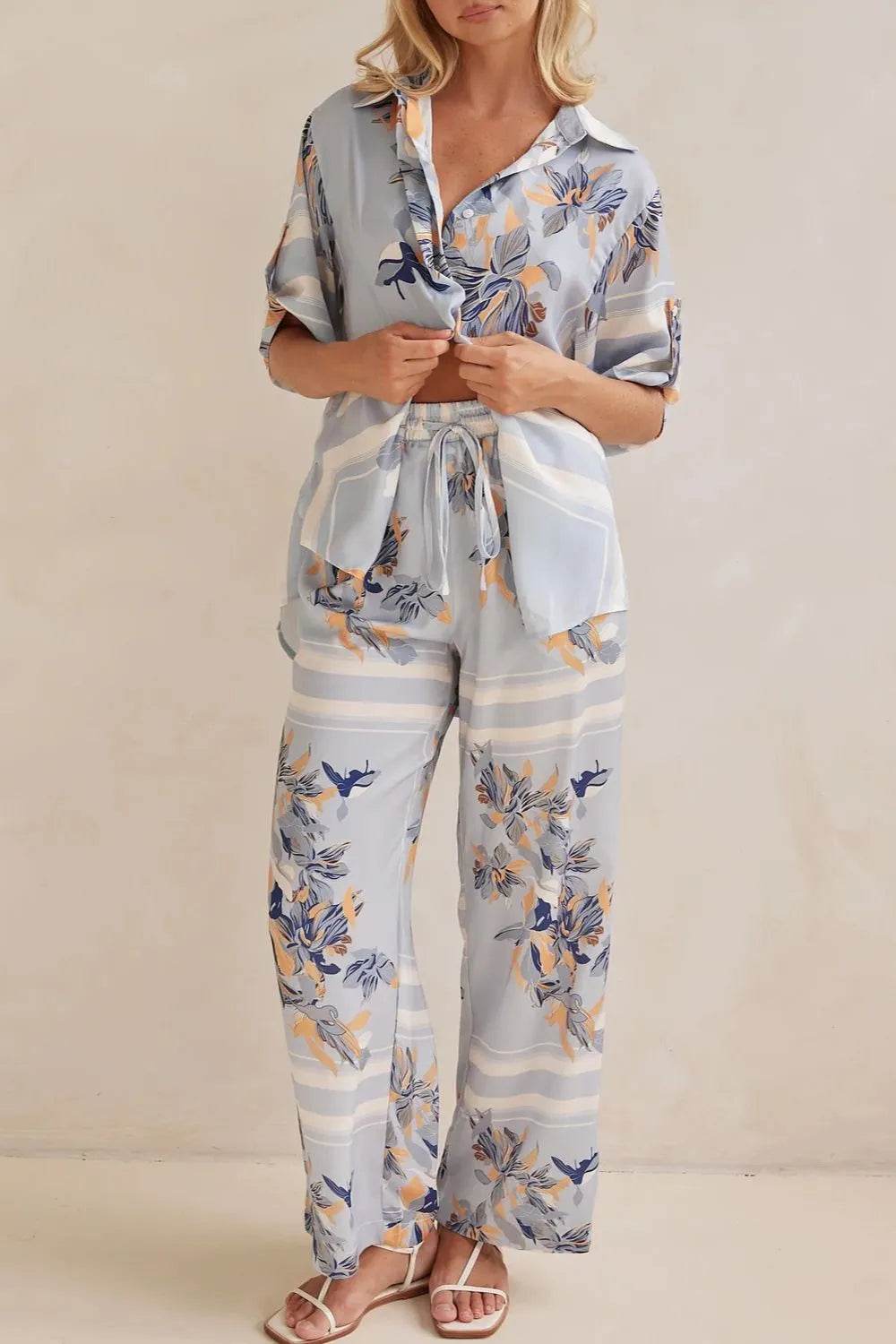 Printed Button Up Shirt and Pants Set - EBYNN