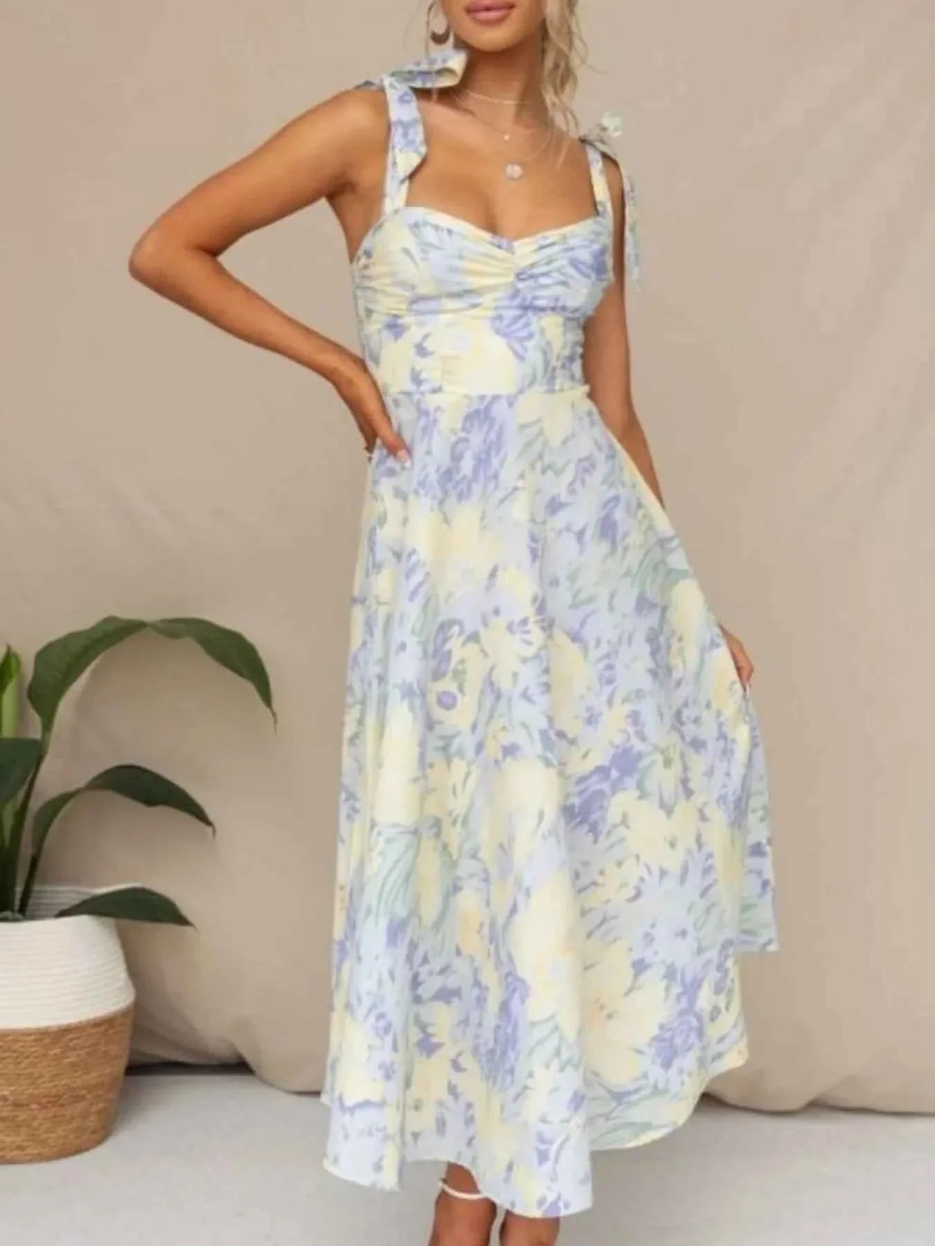 Floral Tie-Strap Sweetheart Neck Midi Dress.