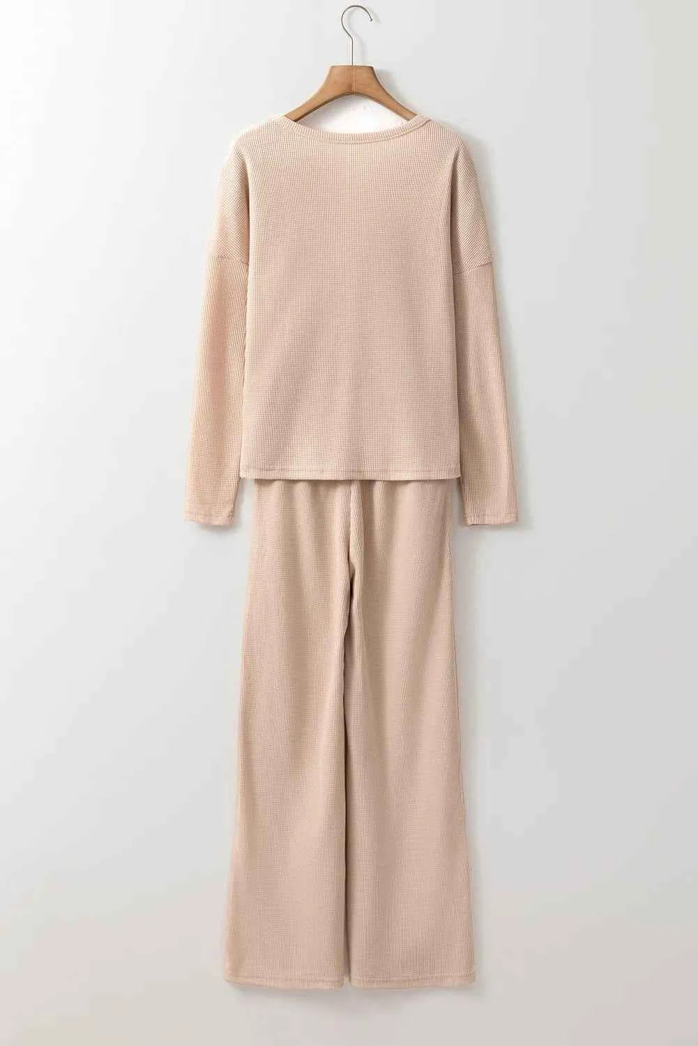 Round Neck Long Sleeve Top and Drawstring Pants Lounge Set.