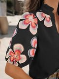 Floral Print Notched Puff Sleeve Blouse.