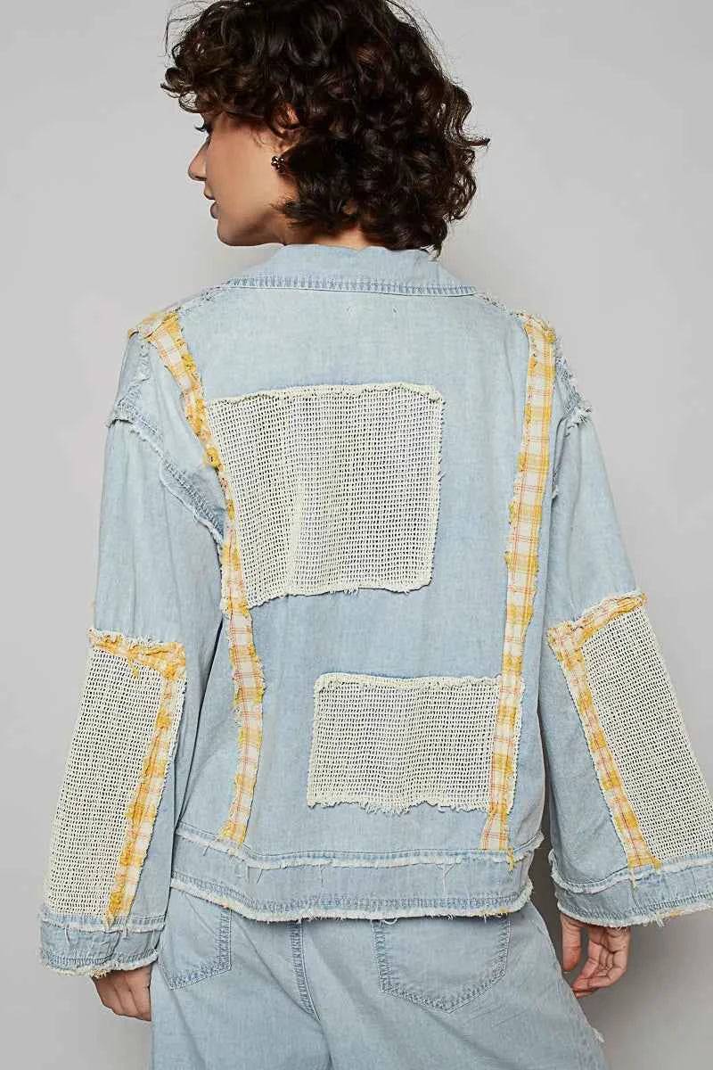 POL Raw Hem Zip Up Denim Jacket with Plaid and Crochet Patch.