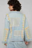 POL Raw Hem Zip Up Denim Jacket with Plaid and Crochet Patch.