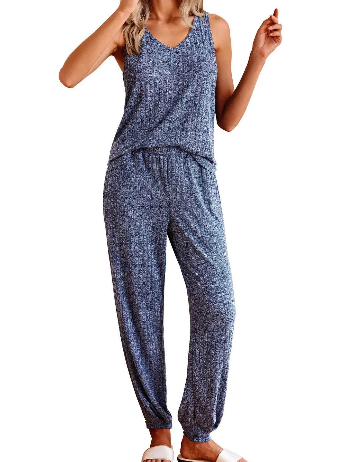 Ribbed Knit V-Neck Tank and Pants Lounge Set.