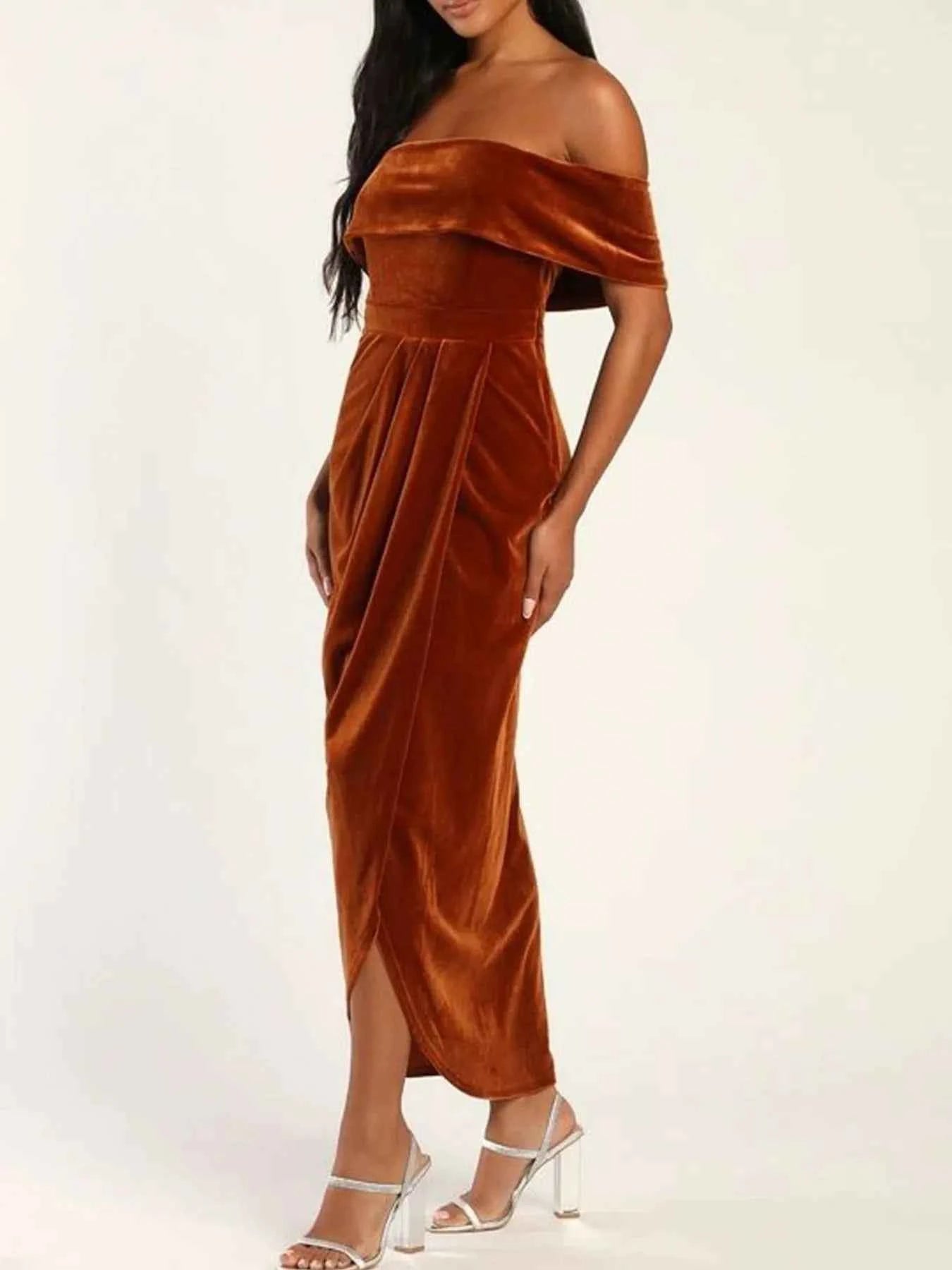 Off-Shoulder Wrap Dress with Side Slit.