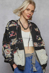 POL Zip Up Floral & Lace Patch Bomber Jacket.