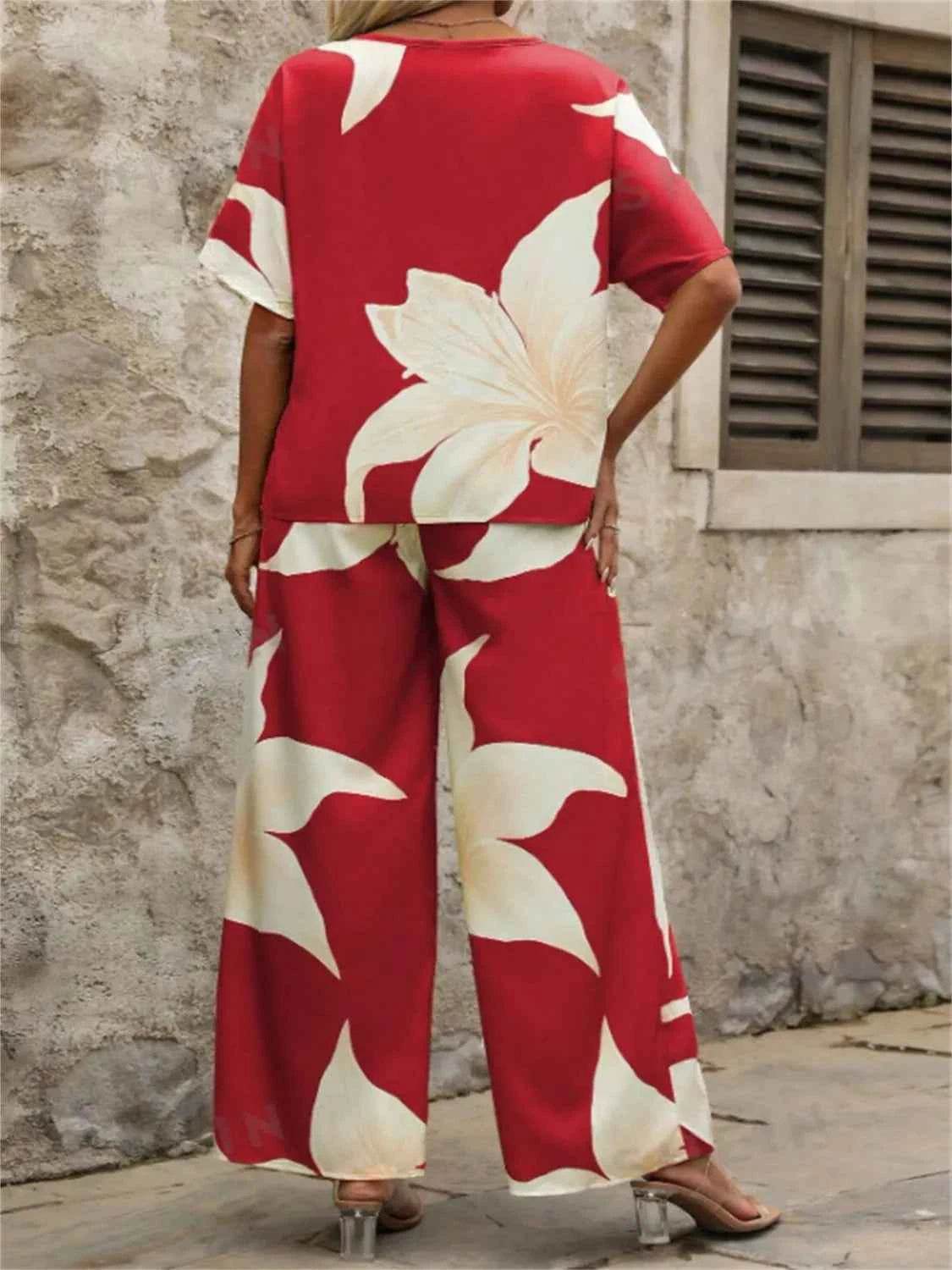 Printed V-Neck Top and Wide Leg Pants Set - EBYNN