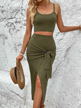 Ribbed Knit Crop Top & Tie-Front Slit Skirt Set - EBYNN