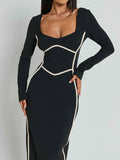 Contrast Trim Long Sleeve Bodycon Maxi Dress.