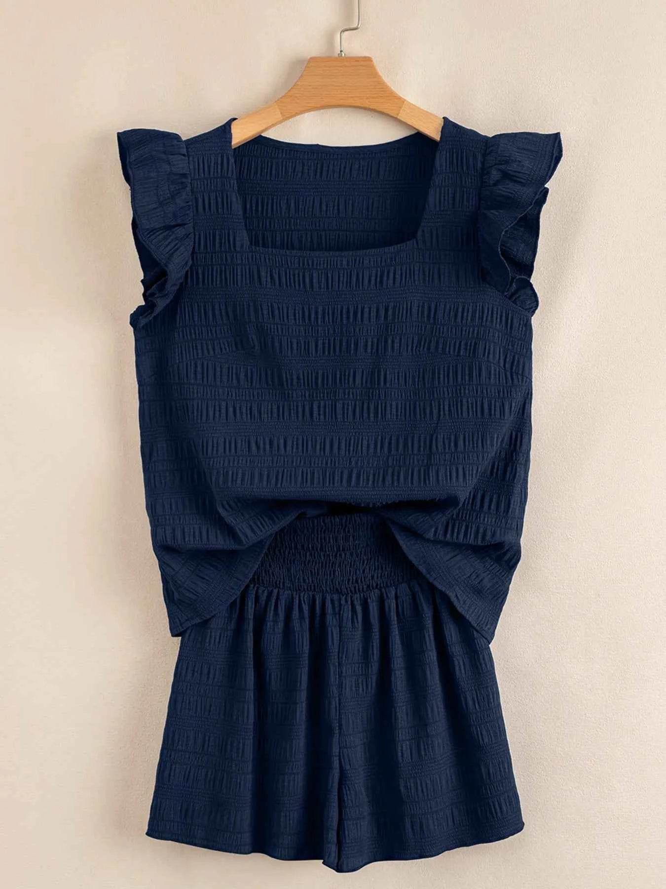 Textured Square Neck Top Set with Shirred High Waist Shorts - EBYNN