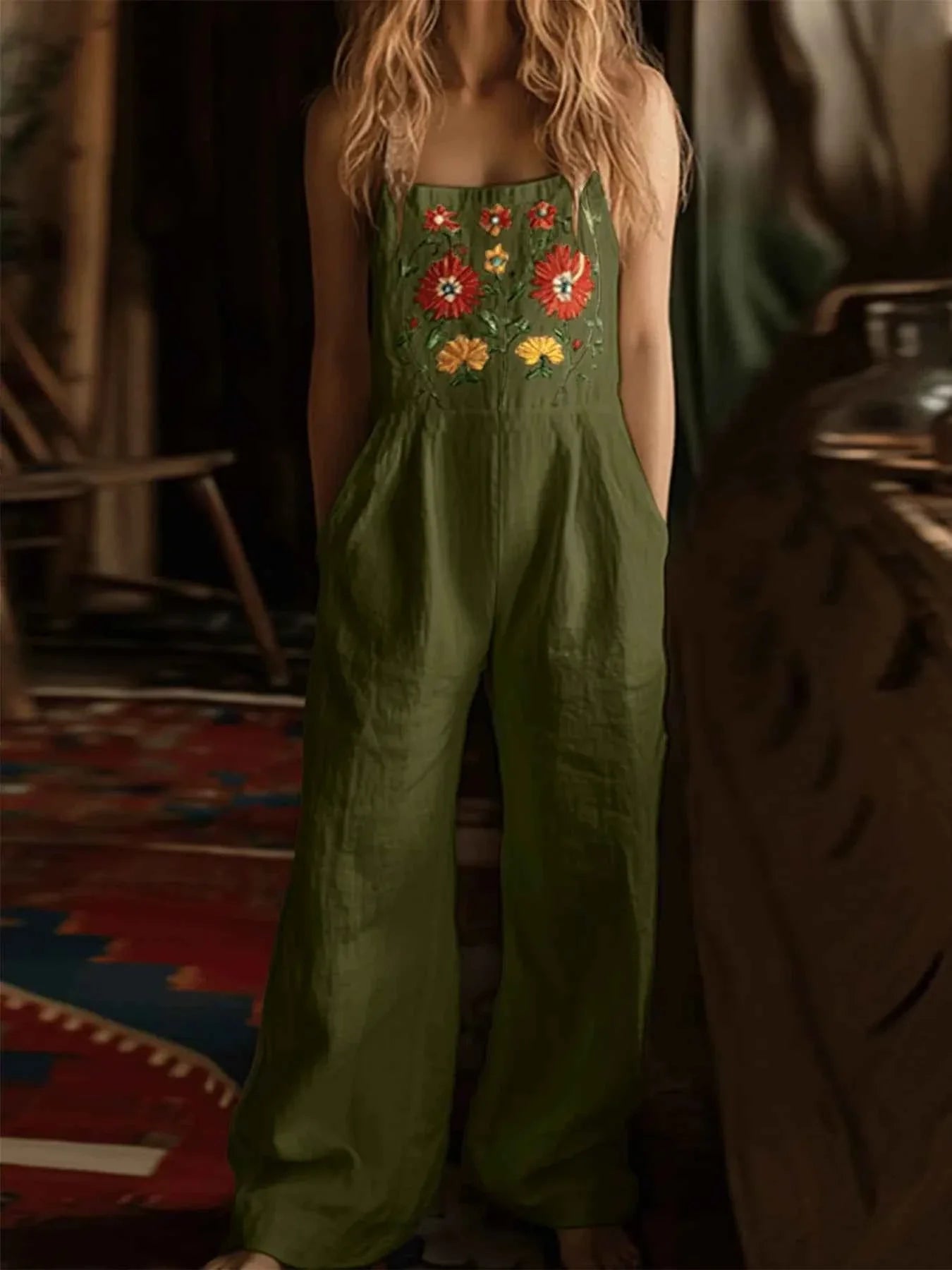 Floral Embroidered Wide Leg Jumpsuit.
