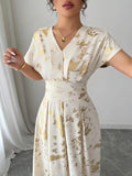 Printed V-Neck Short Sleeve Dress.