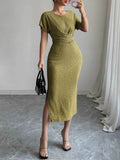 Ruched Waist Textured Midi Dress.