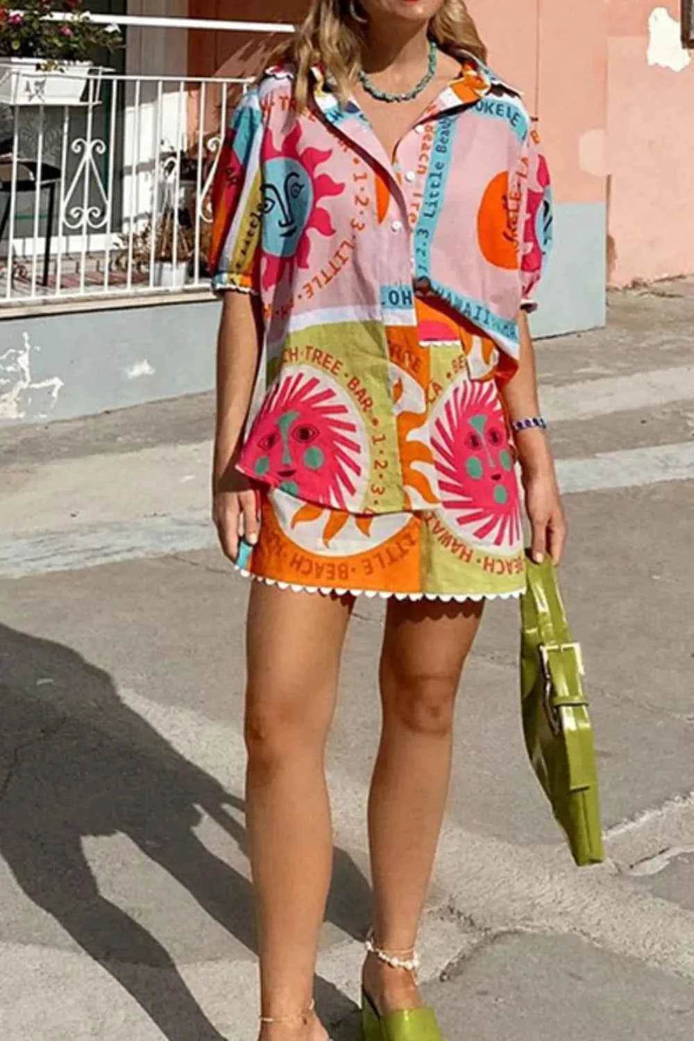 Printed Button Down Shirt and Shorts Set - EBYNN