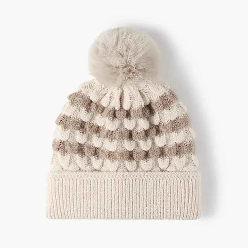 Striped Contrast Knit Hat with Pom-pom.