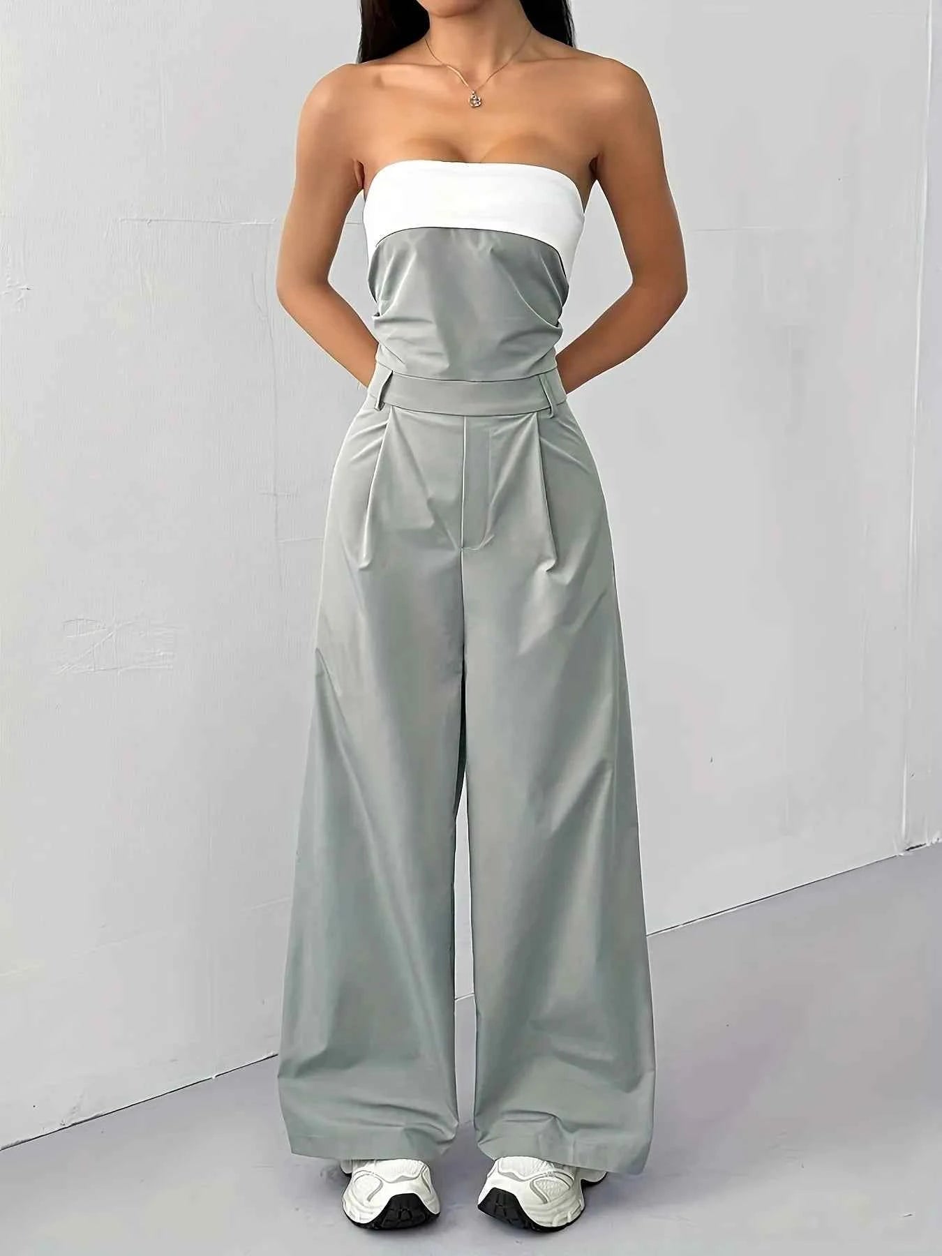 Strapless Color Block Wide Leg Jumpsuit.