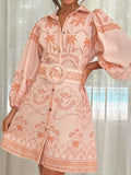 Printed Button Down Shirt Dress with Belt.