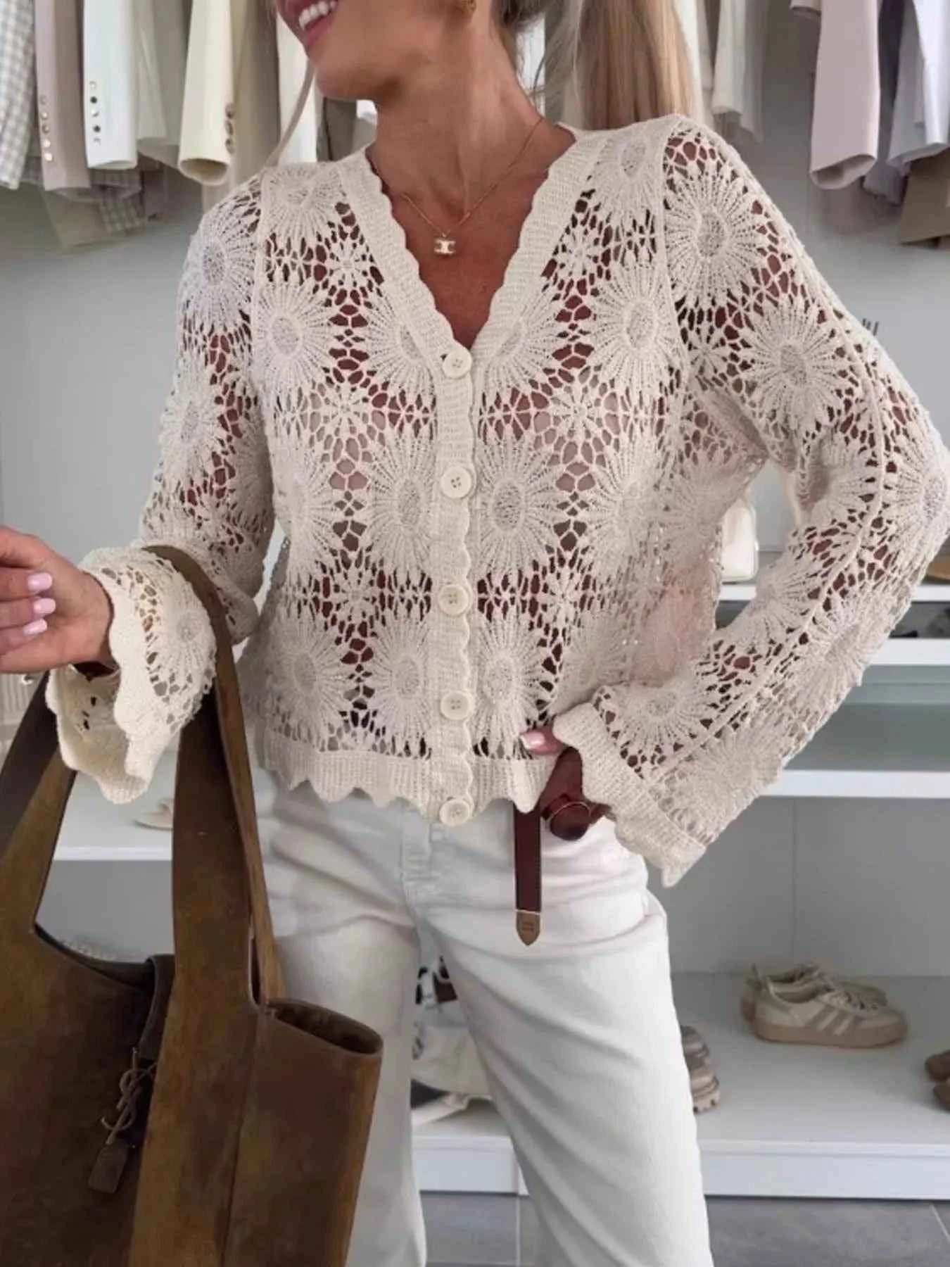 Lace V-Neck Button-Up Cardigan.