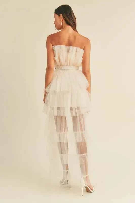 MABLE Tulle Ruffle Crop Top & High Low Maxi Skirt Set - EBYNN