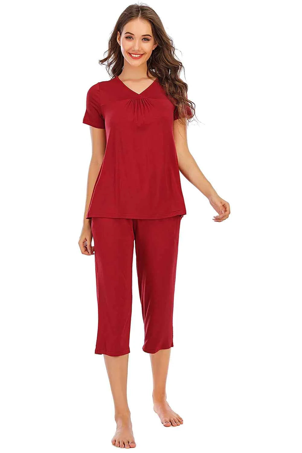 V-Neck Short Sleeve Lounge Set with Pants.