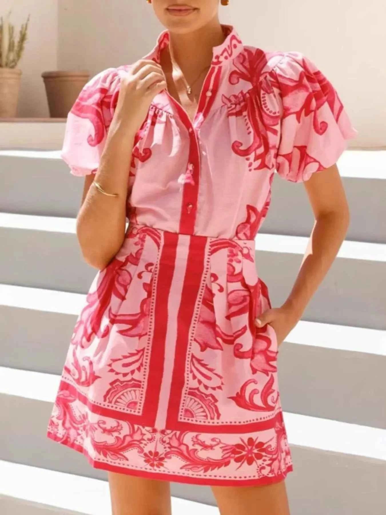 Printed Puff Sleeve Top and Skirt Set.