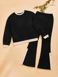 Contrast Round Neck Long Sleeve Top & Bootcut Pants Set.