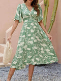 Printed V-Neck Flutter Sleeve Midi Dress.