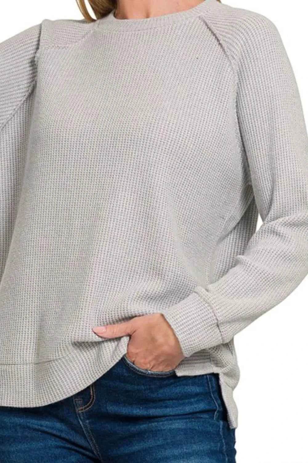 Zenana Waffle Knit Sweater - Cozy Round Neck Raglan Style - EBYNN