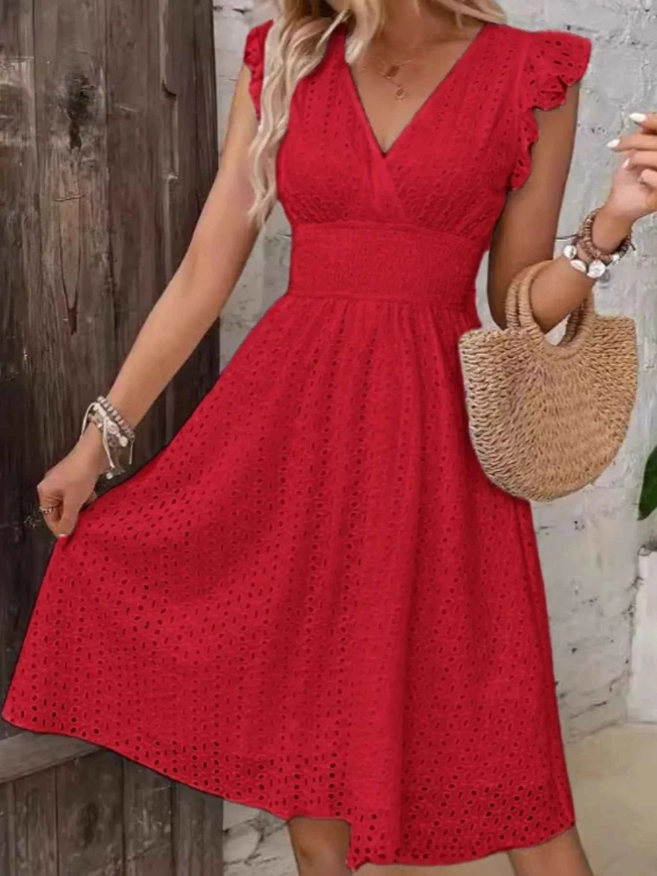 Eyelet Ruffled Cap Sleeve Mini Dress.