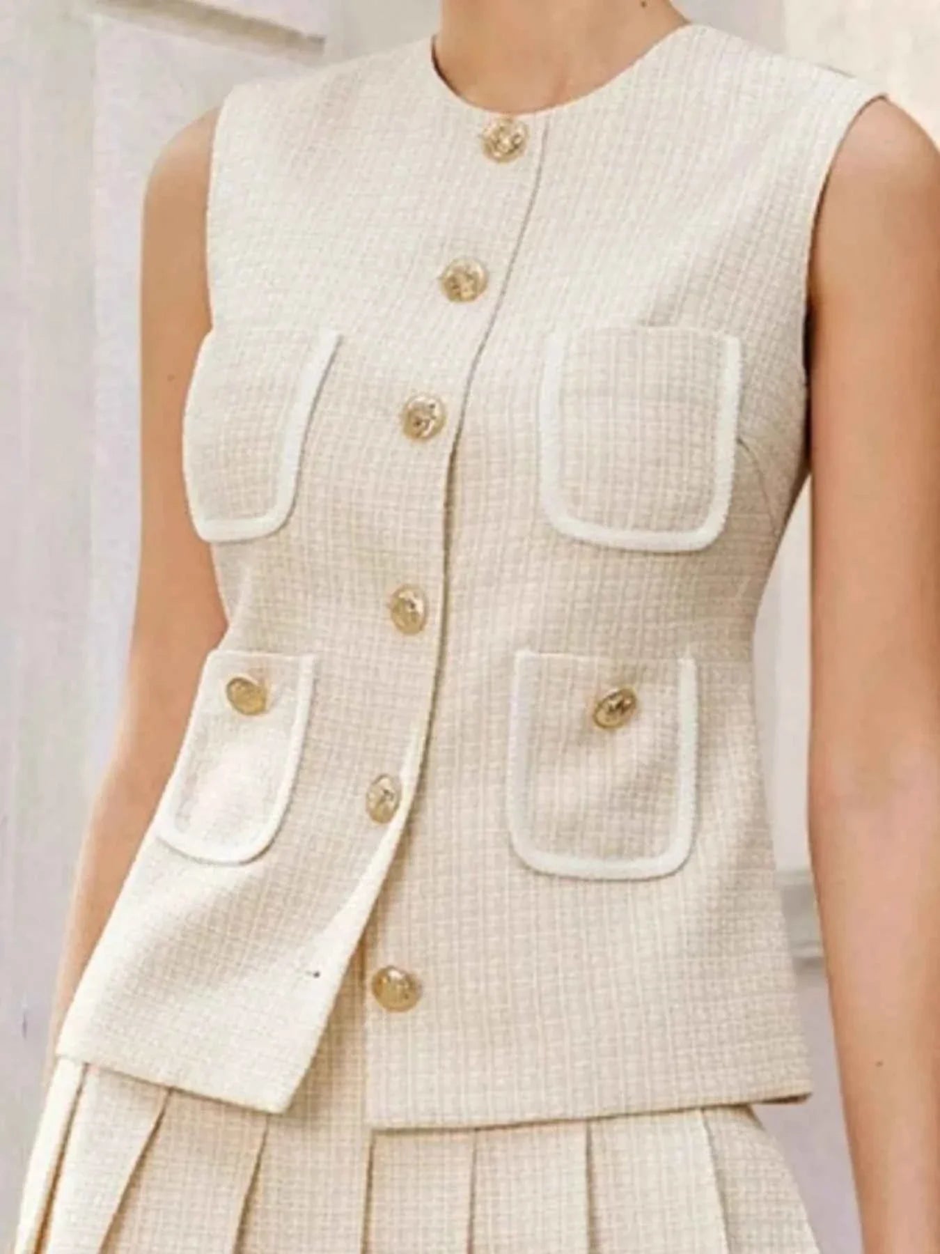 Tweed Button-Front Vest and Pleated Skirt Set.