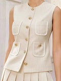 Tweed Button-Front Vest and Pleated Skirt Set.
