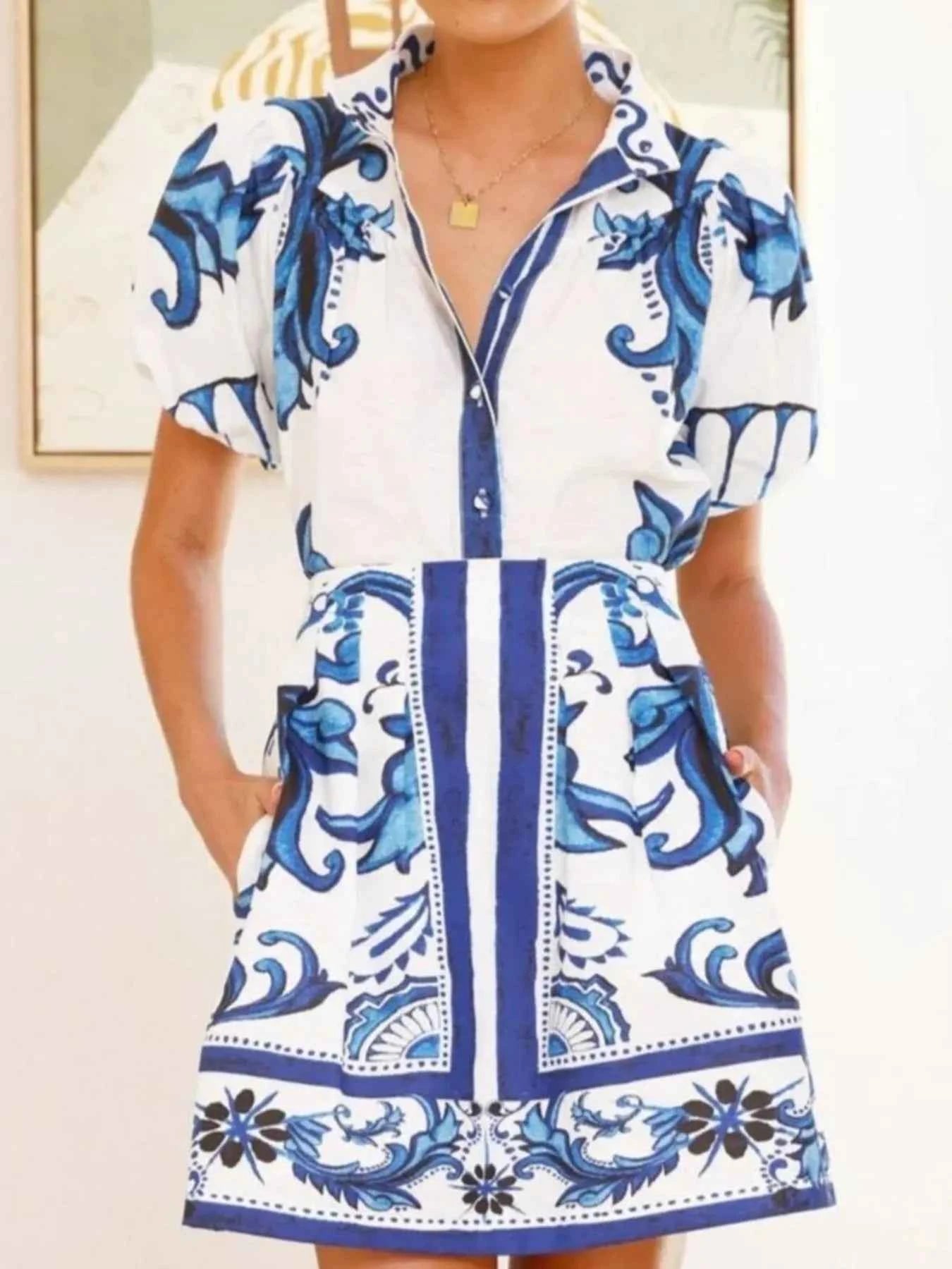 Printed Puff Sleeve Top and Skirt Set.