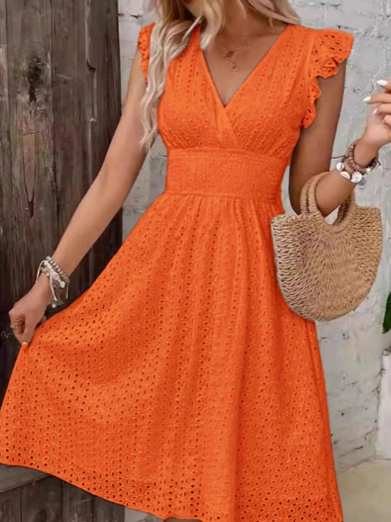Eyelet Ruffled Cap Sleeve Mini Dress.