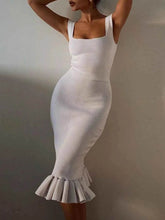 Ribbed Knit Bodycon Midi Dress with Ruffle Hem - EBYNN