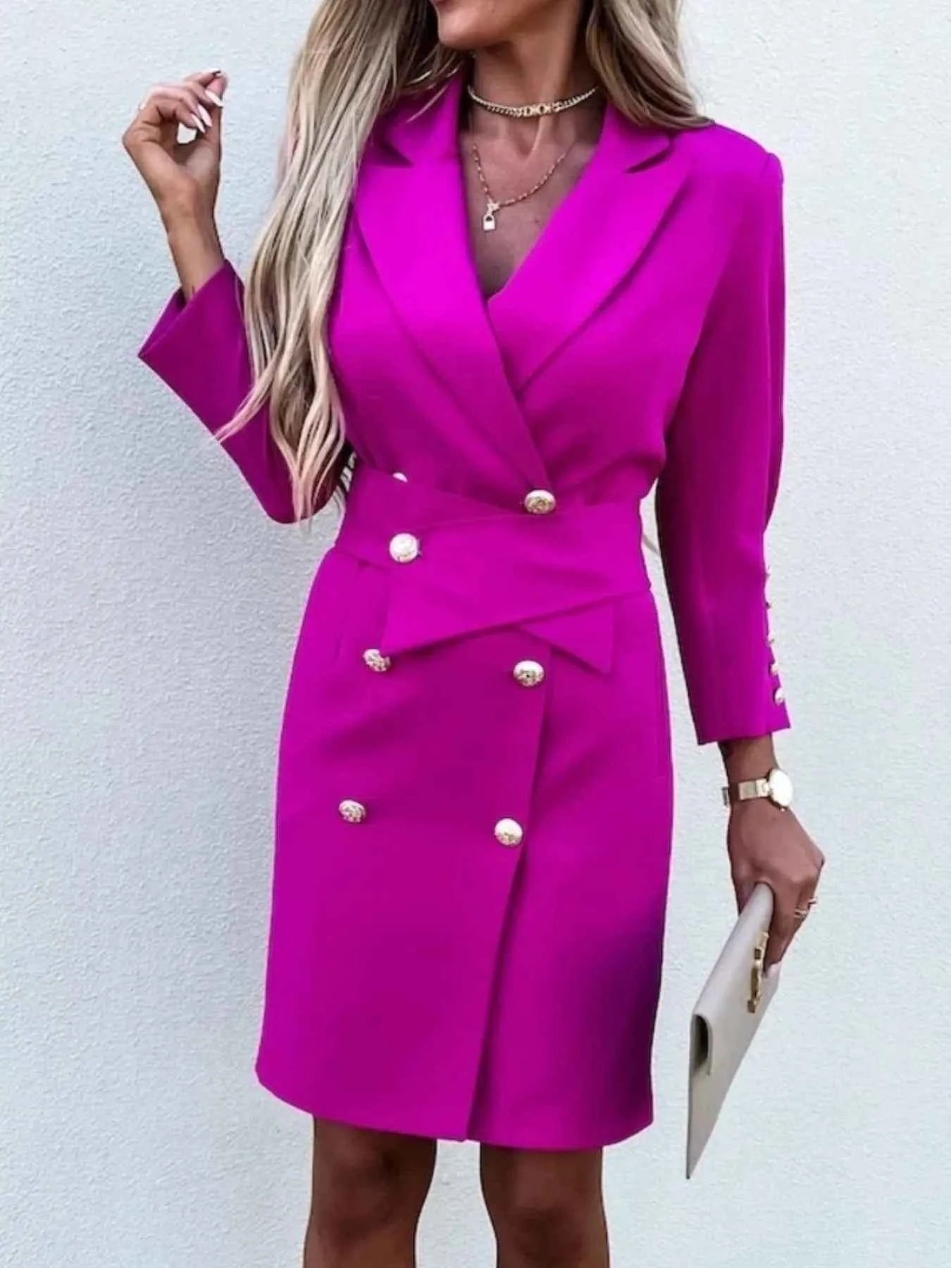 Double-Breasted Longline Blazer with Lapel Collar.