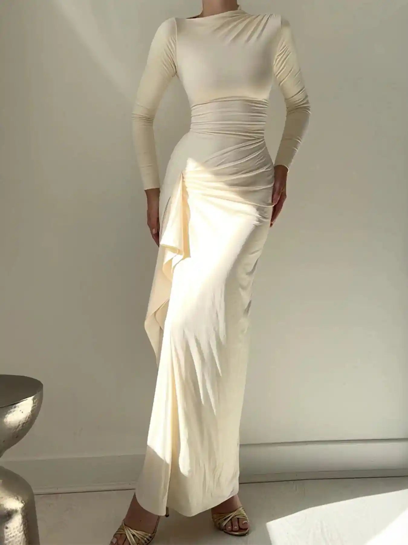Ruched Long Sleeve Maxi Dress with Slit.
