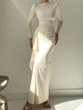 Ruched Long Sleeve Maxi Dress with Slit.