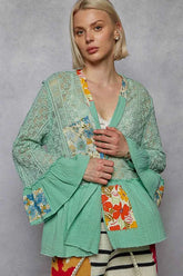 Mint Green Lace Ruffled Hem Open Front Cardigan.