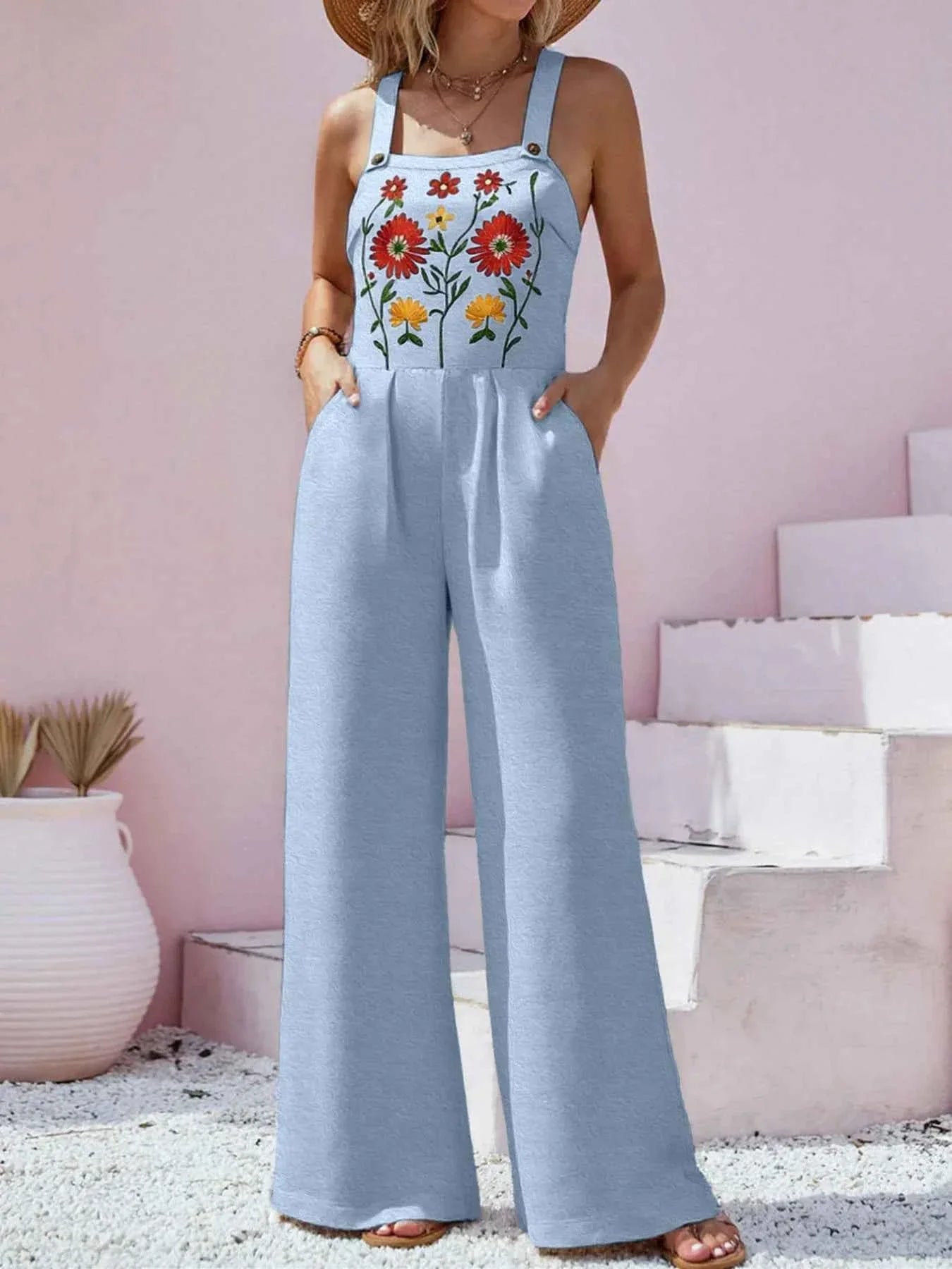 Floral Embroidered Wide Leg Jumpsuit.