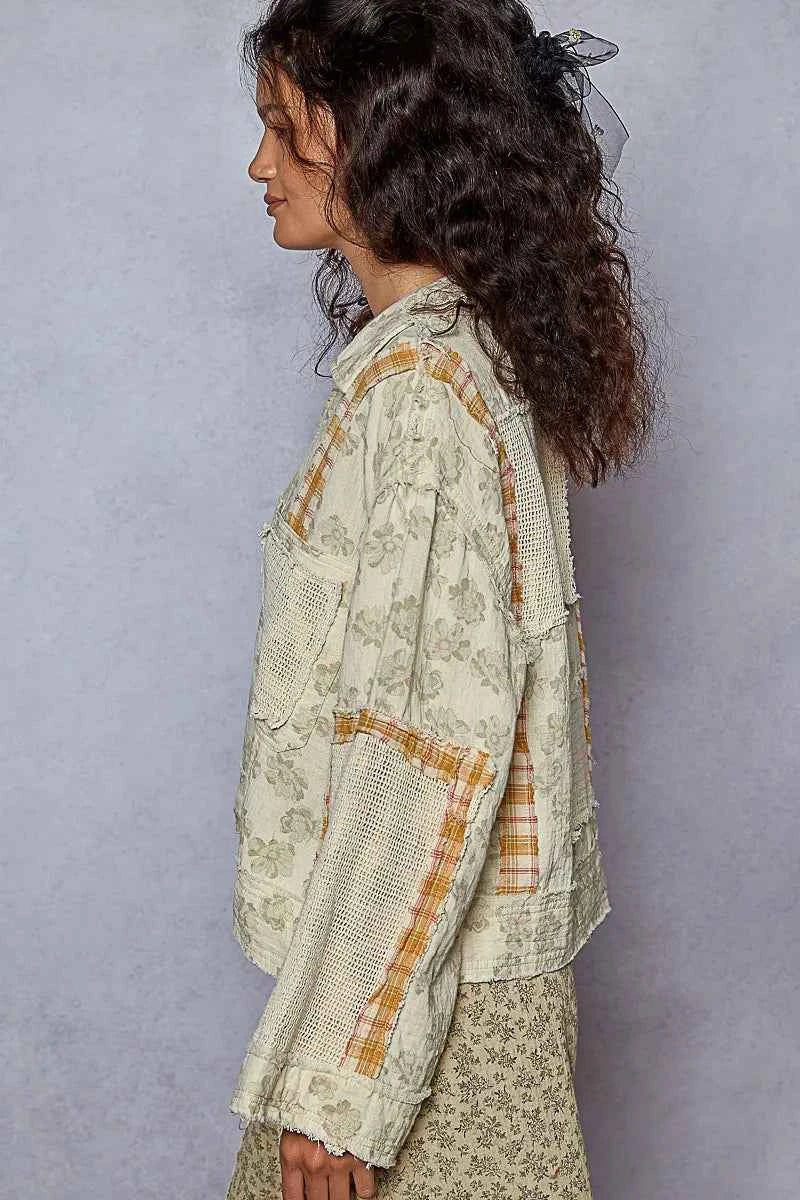 Floral Raw Hem Zip Up Jacket with Plaid and Crochet Patches.