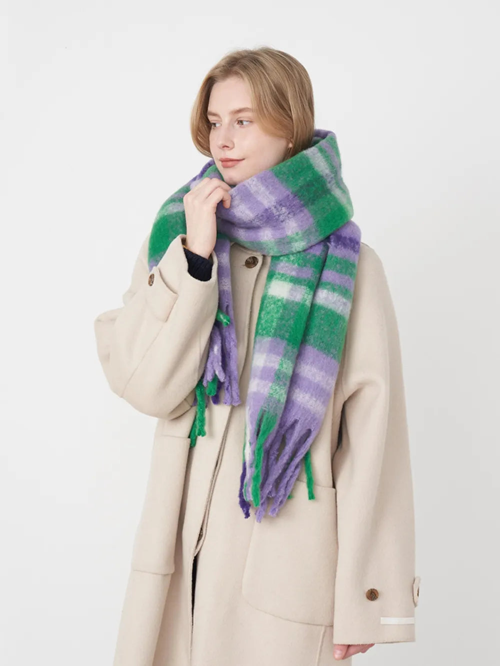 Fringe Plaid Polyester Scarf.