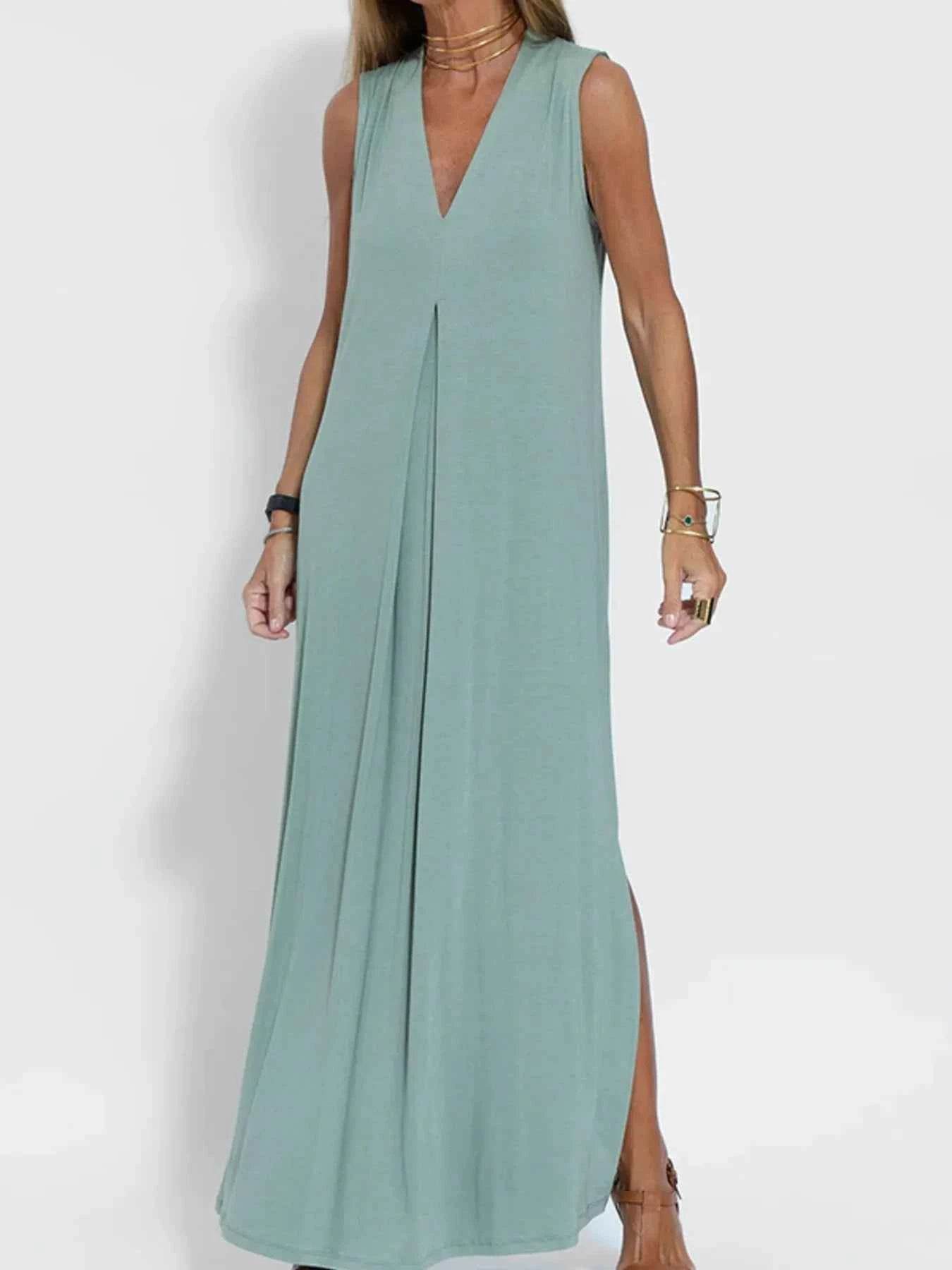 Plus Size V-Neck Sleeveless Maxi Dress with Slit.