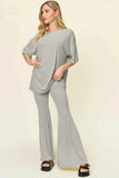 Double Take T-Shirt and Pants Set: Full Size Round Neck Drop Shoulder Style with Flare Pants - EBYNN