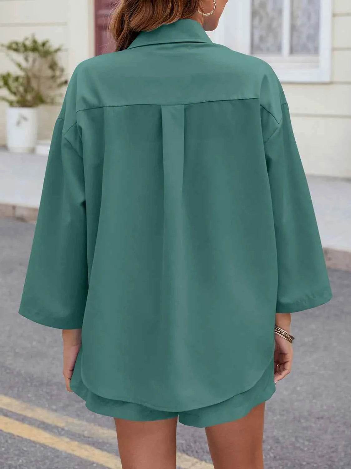 Button Up Long Sleeve Top and Shorts Set - EBYNN