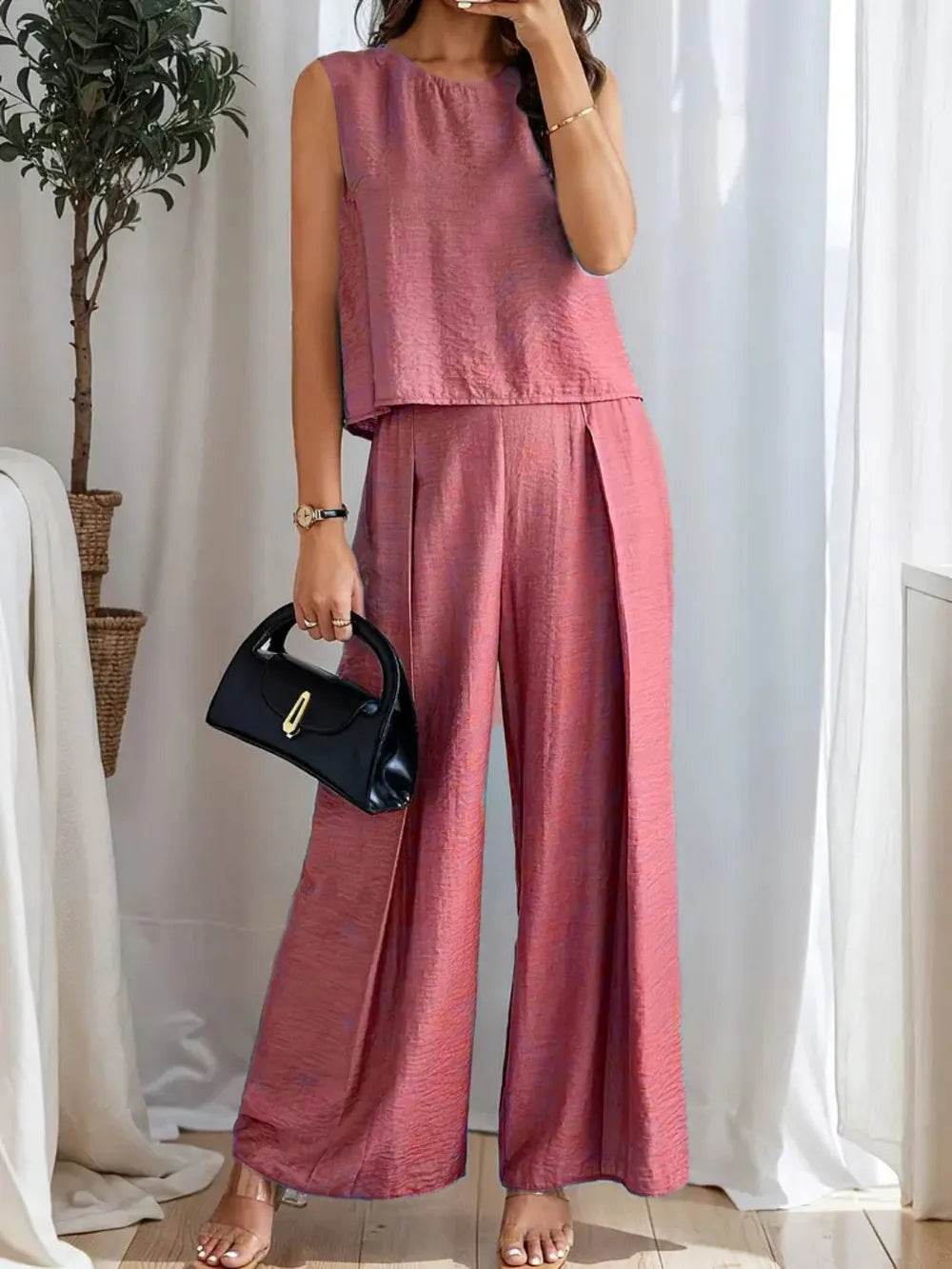 Ruched Round Neck Sleeveless Top and Wide Leg Pants Set - EBYNN