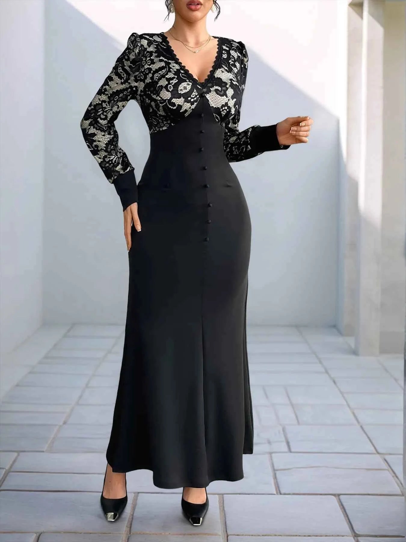 Lace V-Neck Long Sleeve Maxi Dress.