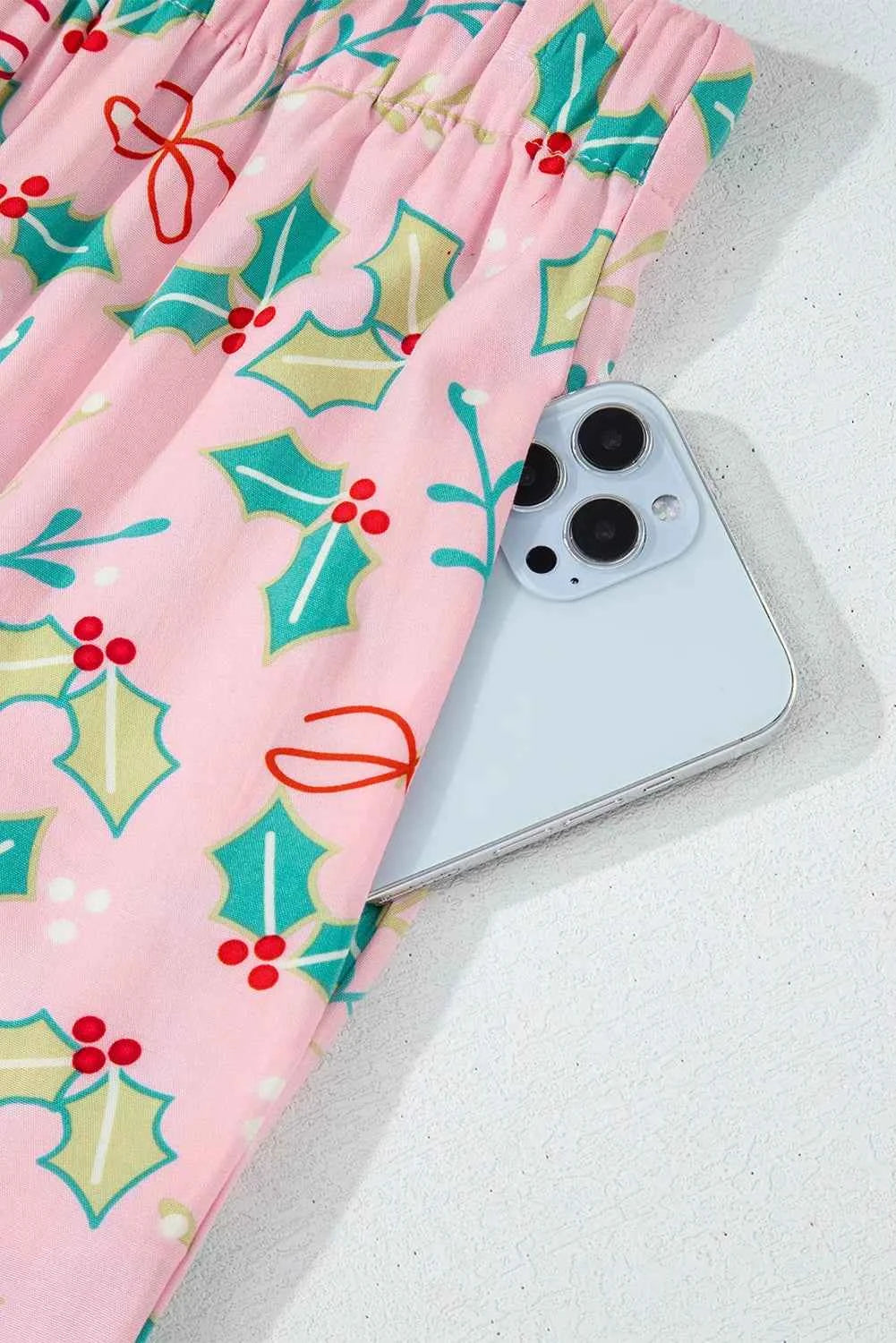 Printed Collared Neck Long Sleeve Top and Pants Lounge Set.