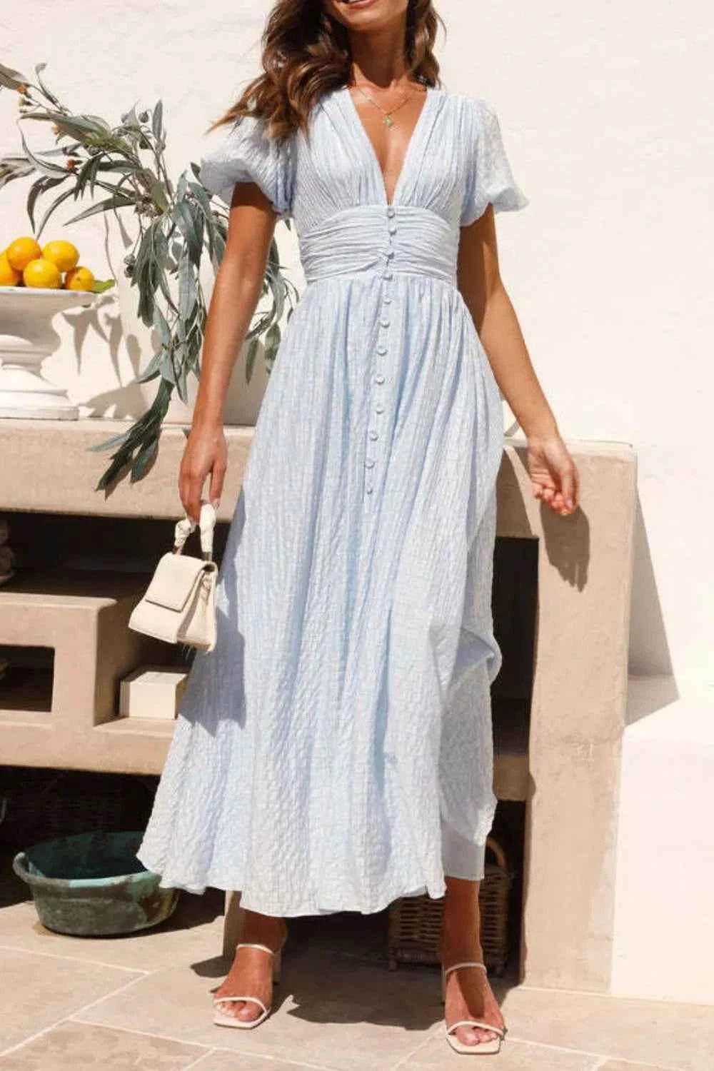 V-Neck Puff Short Sleeve Midi Dress.