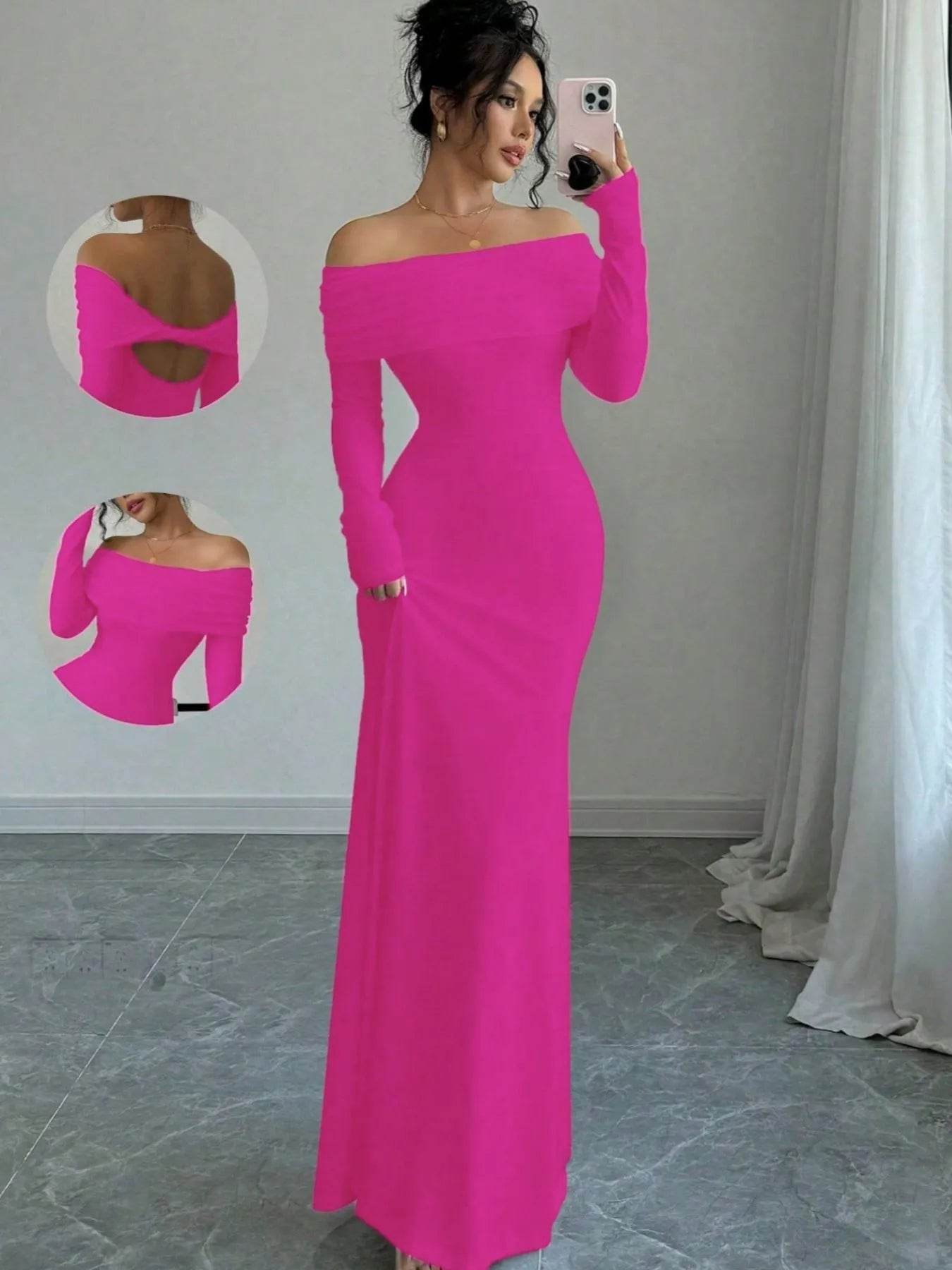 Off-Shoulder Long Sleeve Bodycon Maxi Dress.