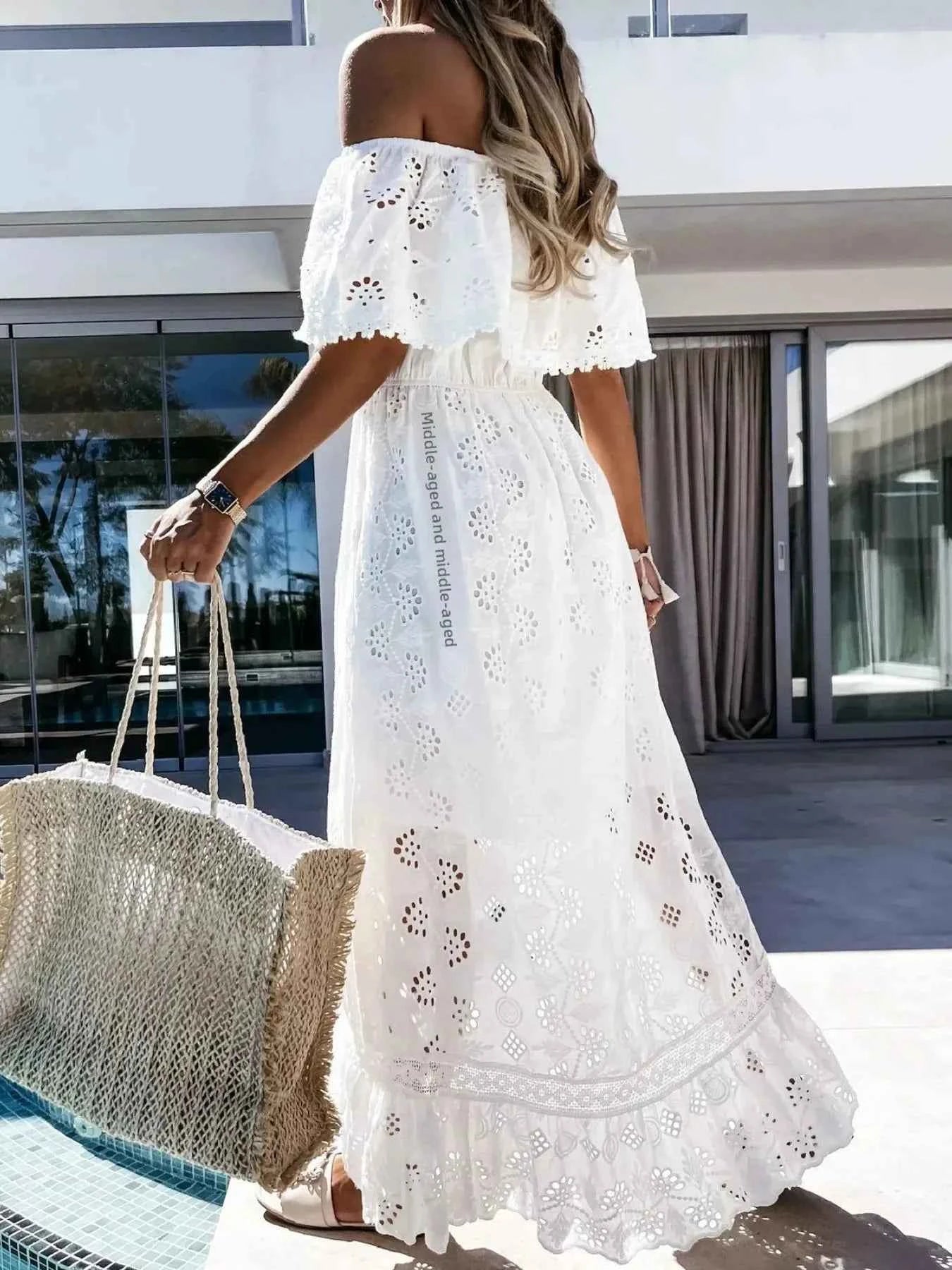 Eyelet Ruffled Hem Off-Shoulder Dress.