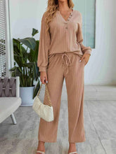 Ribbed Knit Top and Pants Lounge Set with Button Detail.